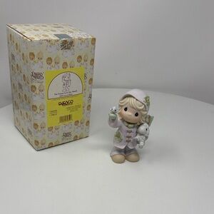 Brand New! Precious Moments Pink and Green Figurine with Child, Bunny, and Bird